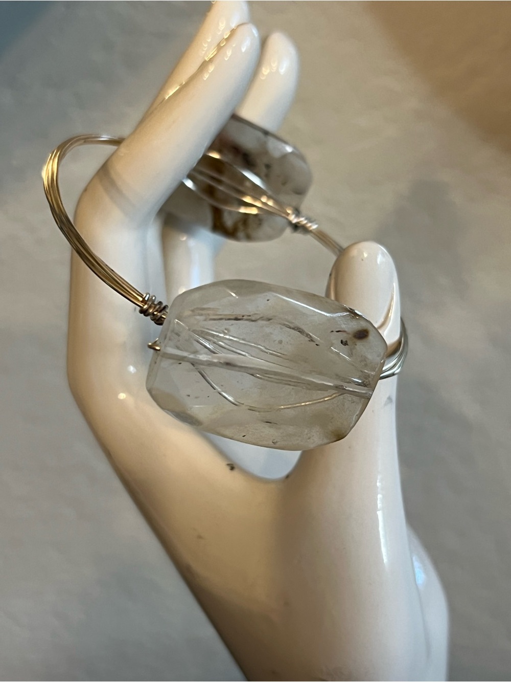 Handcrafted Clear Quartz Wire-Wrap Bangle Bracelet inner width 3 inches.